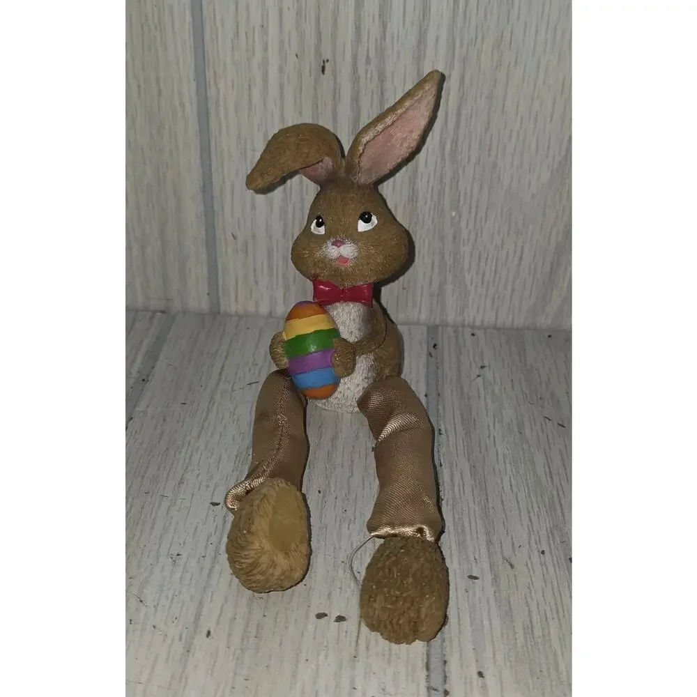 Vintage Wood Look Dangle Leg Easter Bunny Shelf Sitter With Rainbow Egg Cute